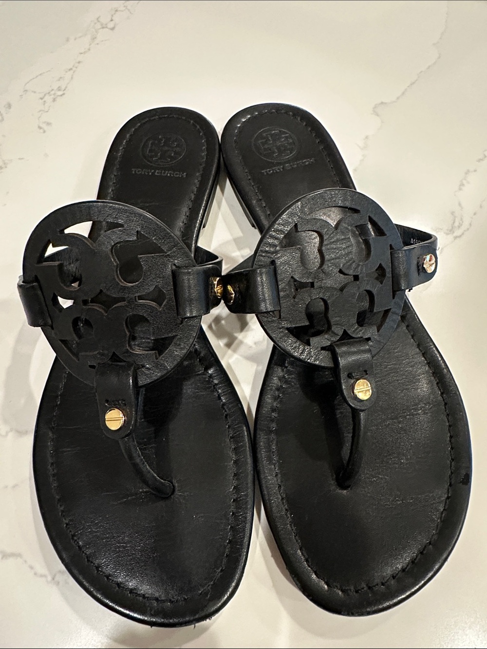 Tory Burch Black Miller Sandals Leather Size 7.5